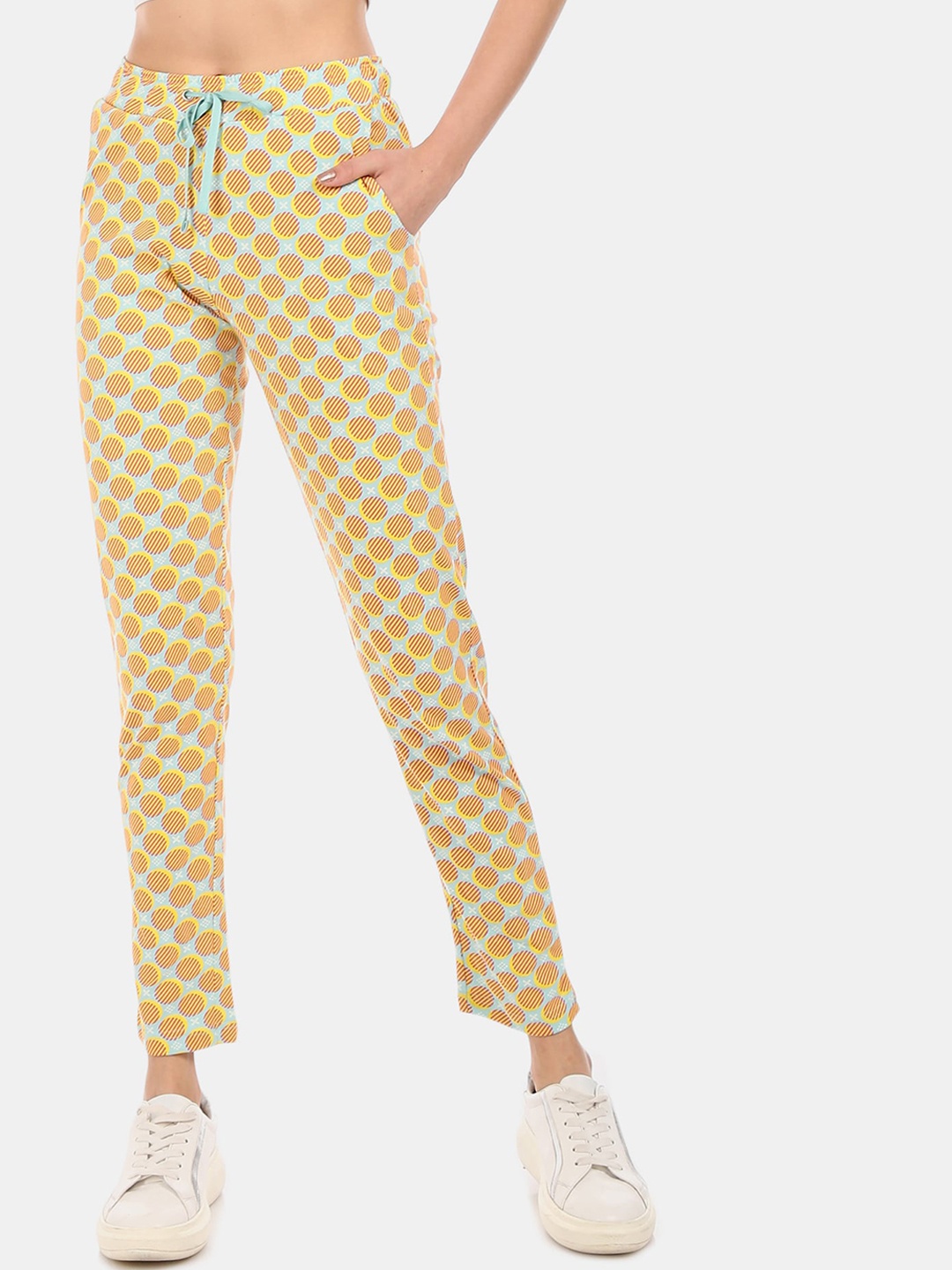 

Sugr Women Blue And Yellow Drawstring Waist Printed Track Pants