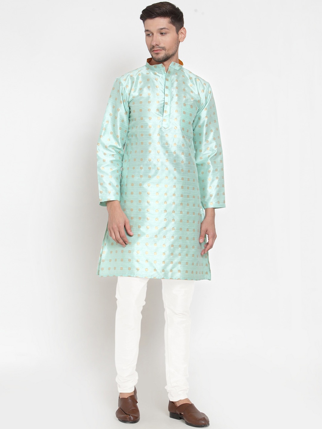 

KLOTTHE Men Green & Gold-Toned Ethnic Motifs Cotton Silk Kurta