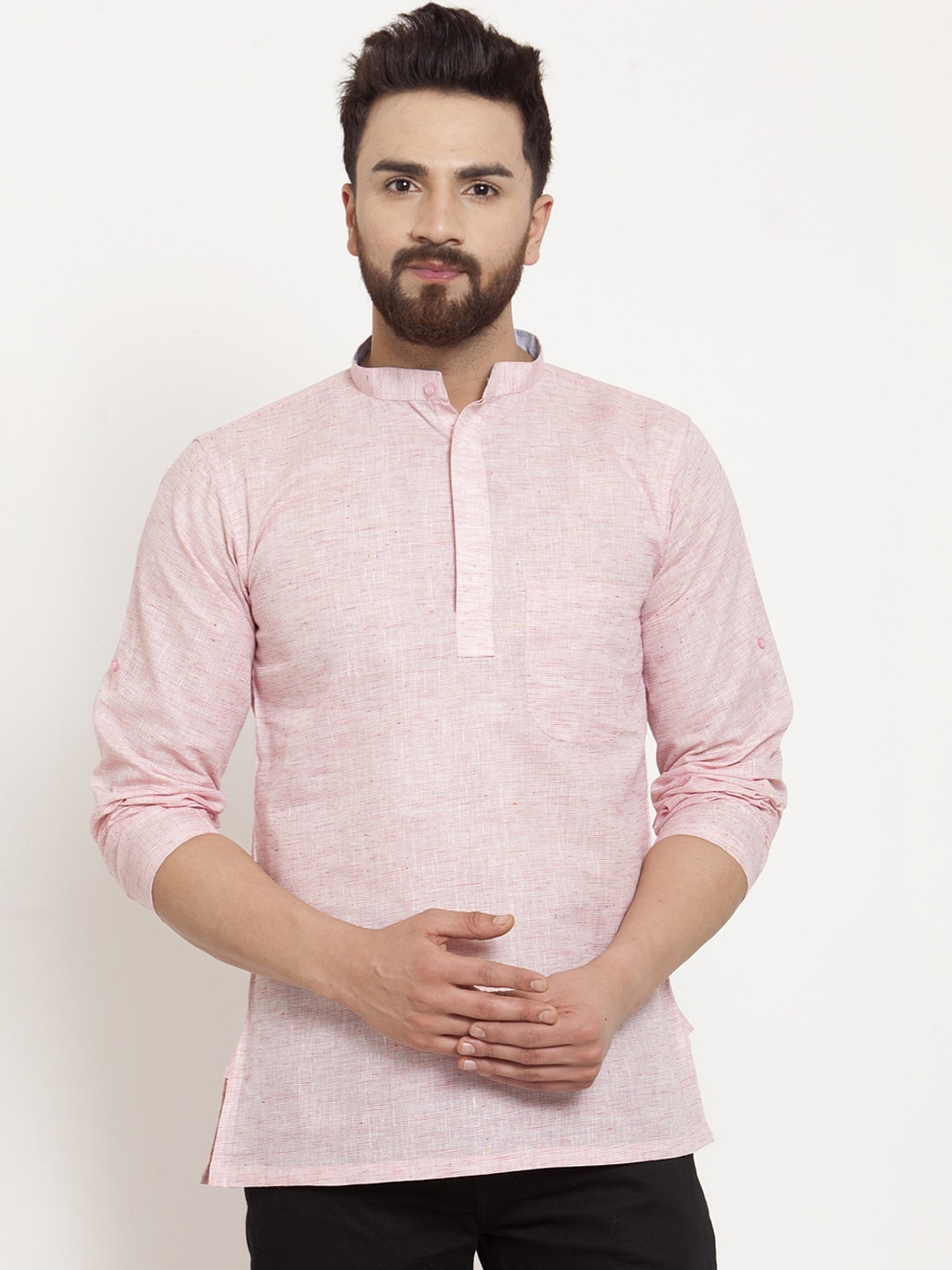 

KLOTTHE Men Pink Striped Thread Work Kurta