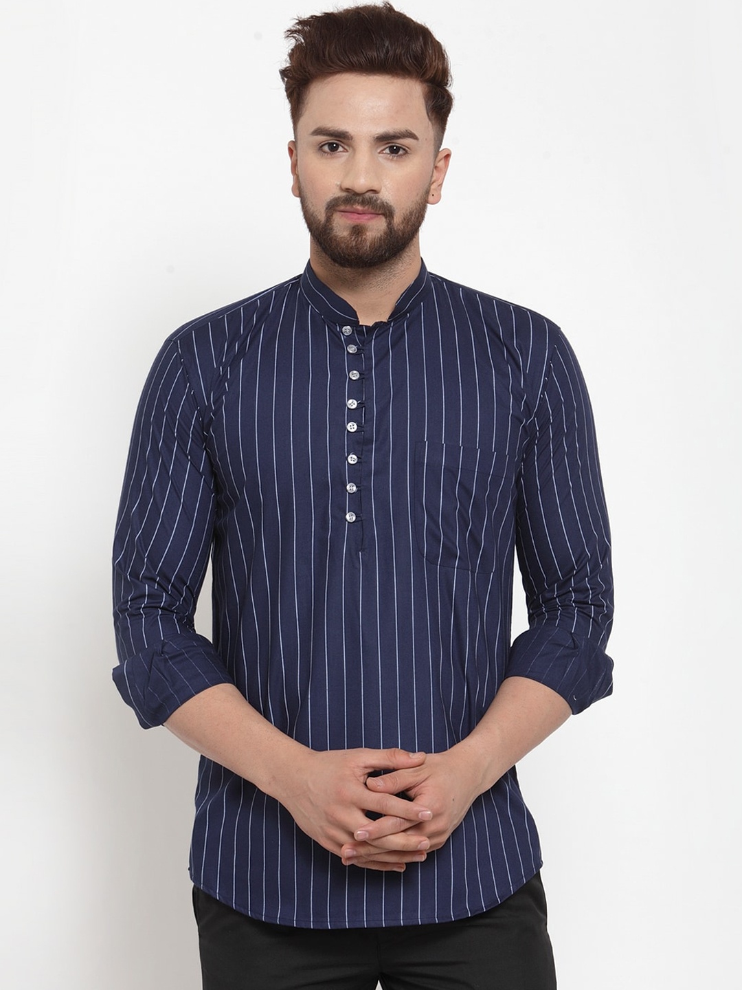 

KLOTTHE Men Blue Striped Thread Work Kurta