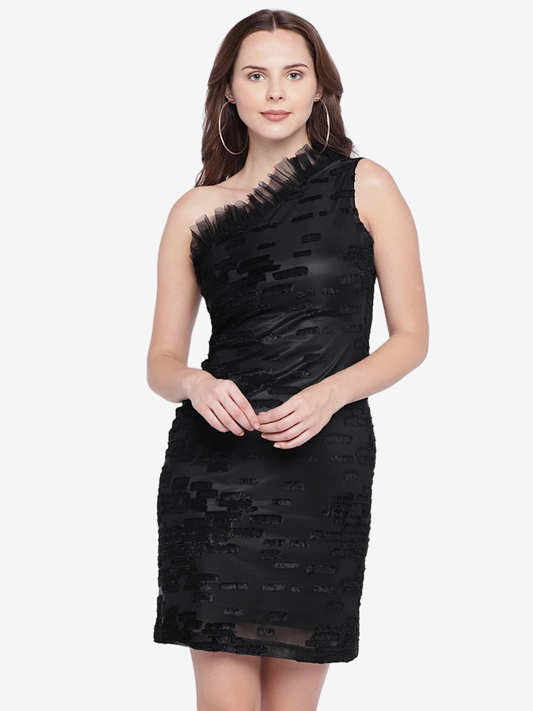 

Emmyrobe Black Self Design One Shoulder Sheath Dress