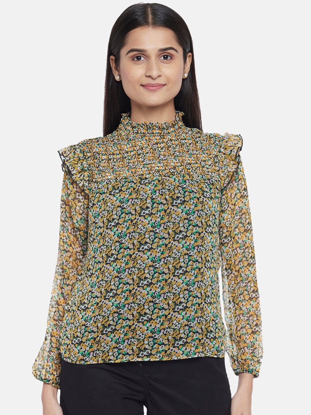 

Honey by Pantaloons Women Mustard Yellow Floral Printed Regular Top