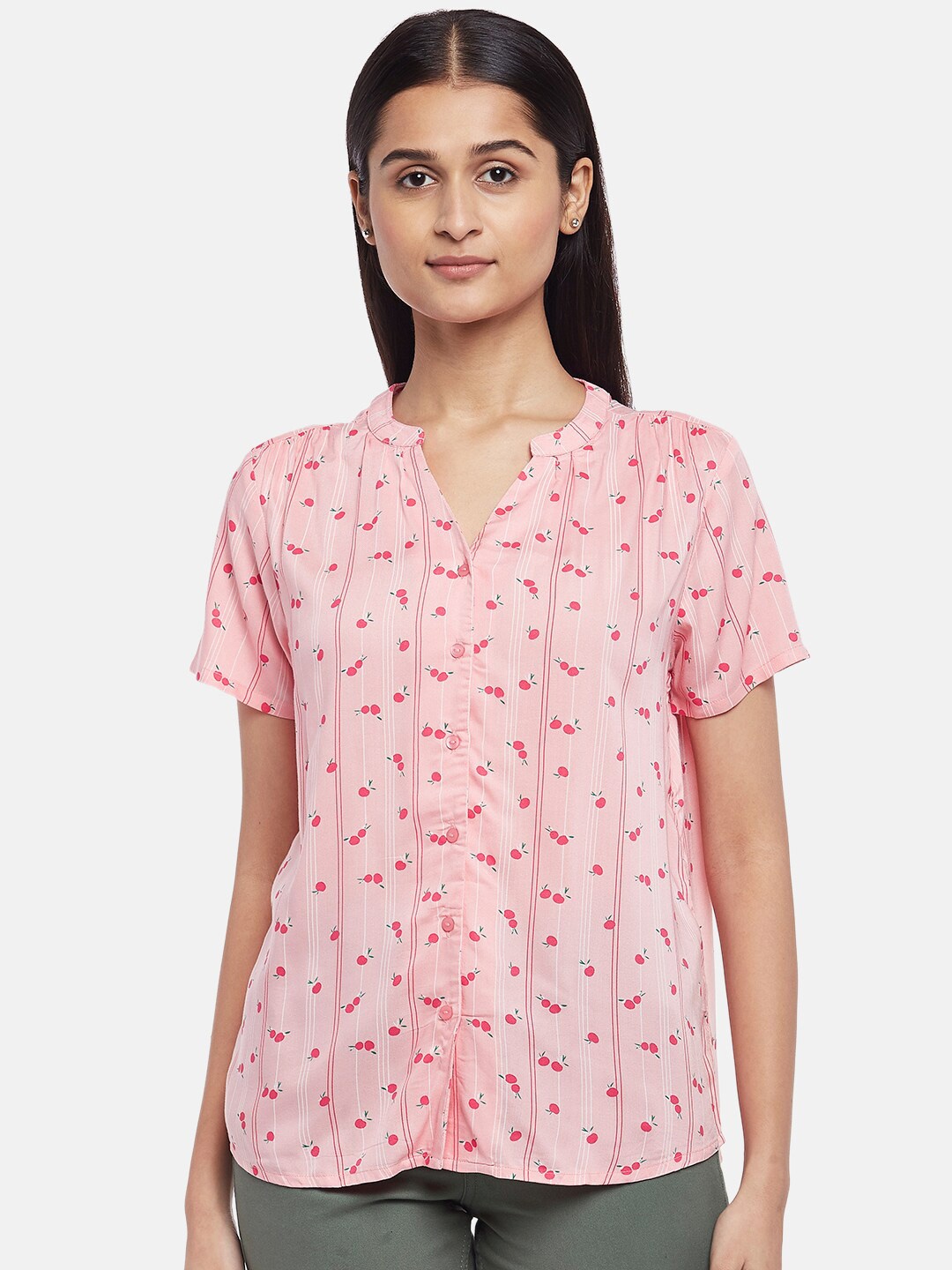 

Honey by Pantaloons Pink Floral Mandarin Collar Regular Top