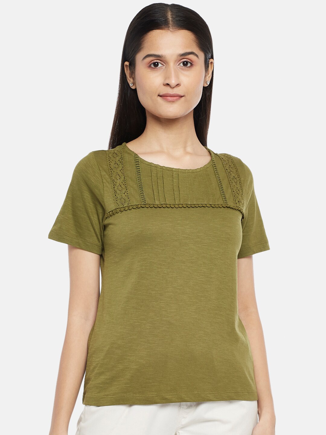 

Honey by Pantaloons Olive Solid Pure Cotton Regular Top