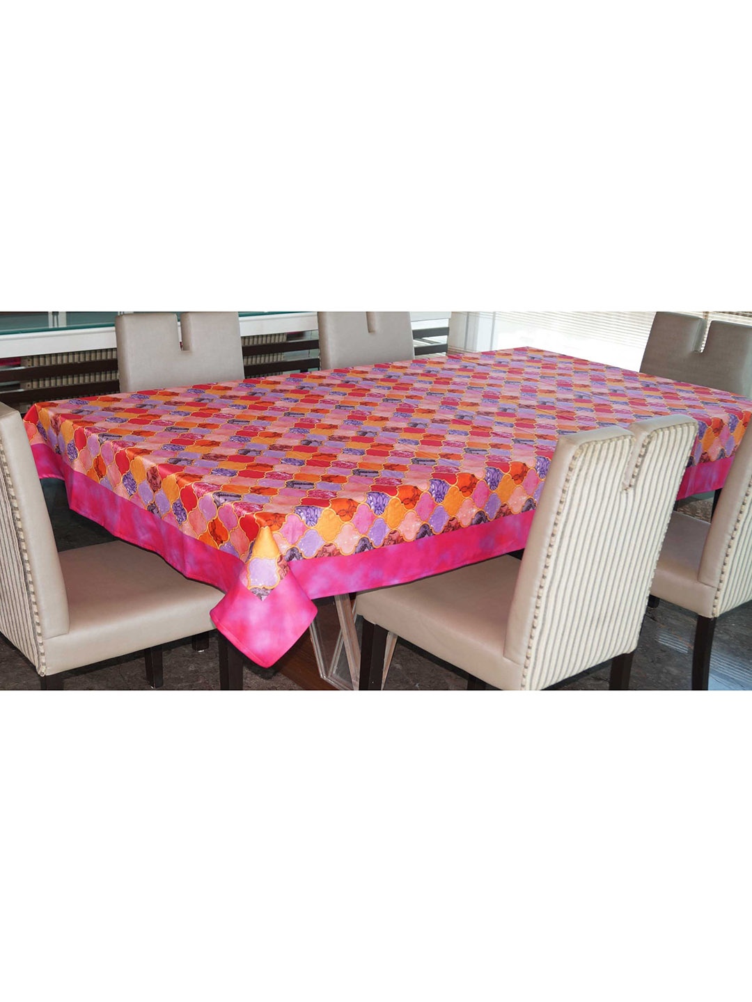 

Lushomes Pink & Orange Printed Jacquard 6-Seater Table Cover