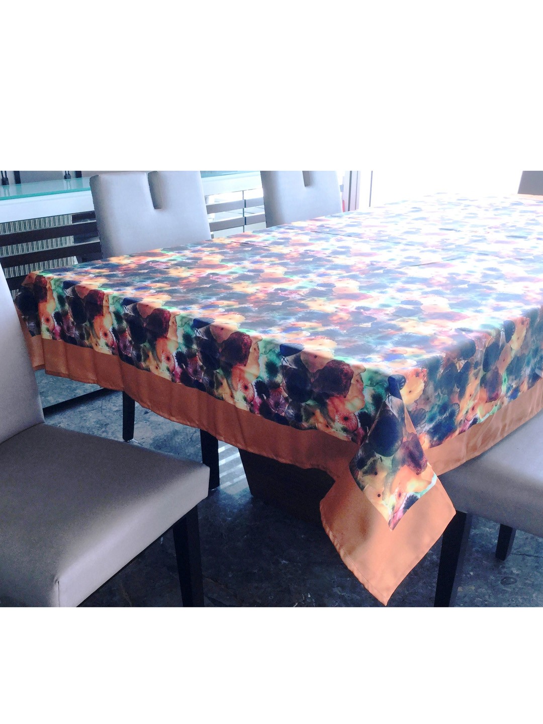 

Lushomes Navy Blue & Brown 6 Seater Digital Printed Cream Themed Tablecloth
