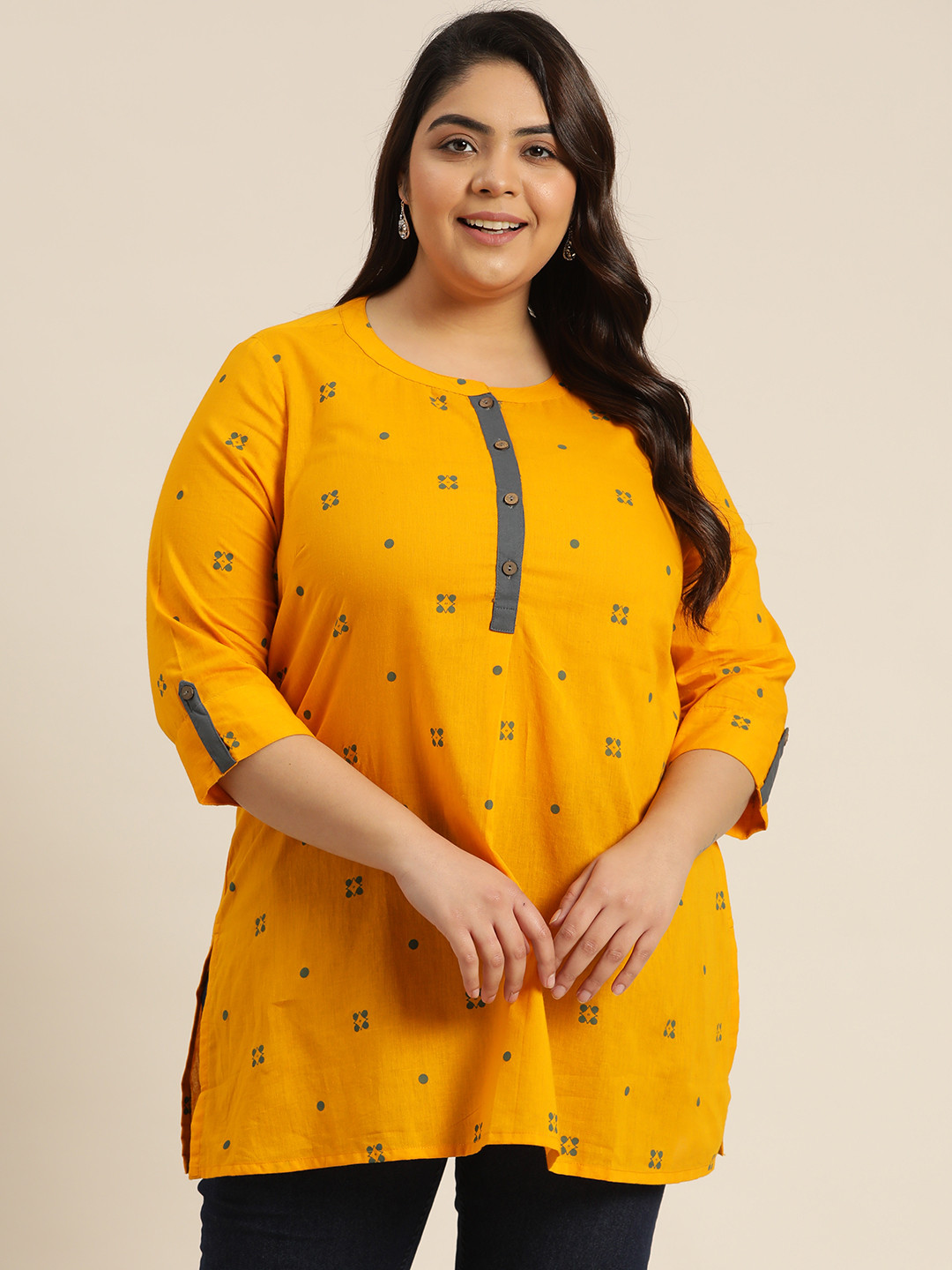 

Sztori Women Mustard Yellow Geometric Printed Pure Cotton Plus Size Kurti
