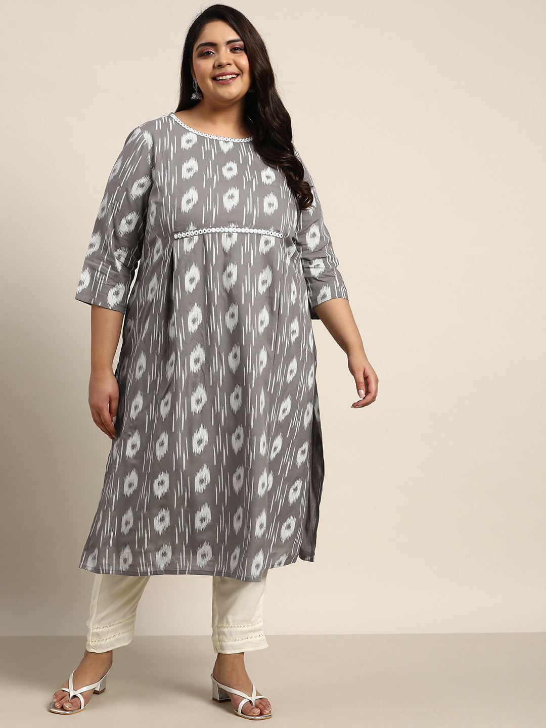 

Sztori Women Plus Size Charcoal Grey & White Printed Mirror Work Kurta