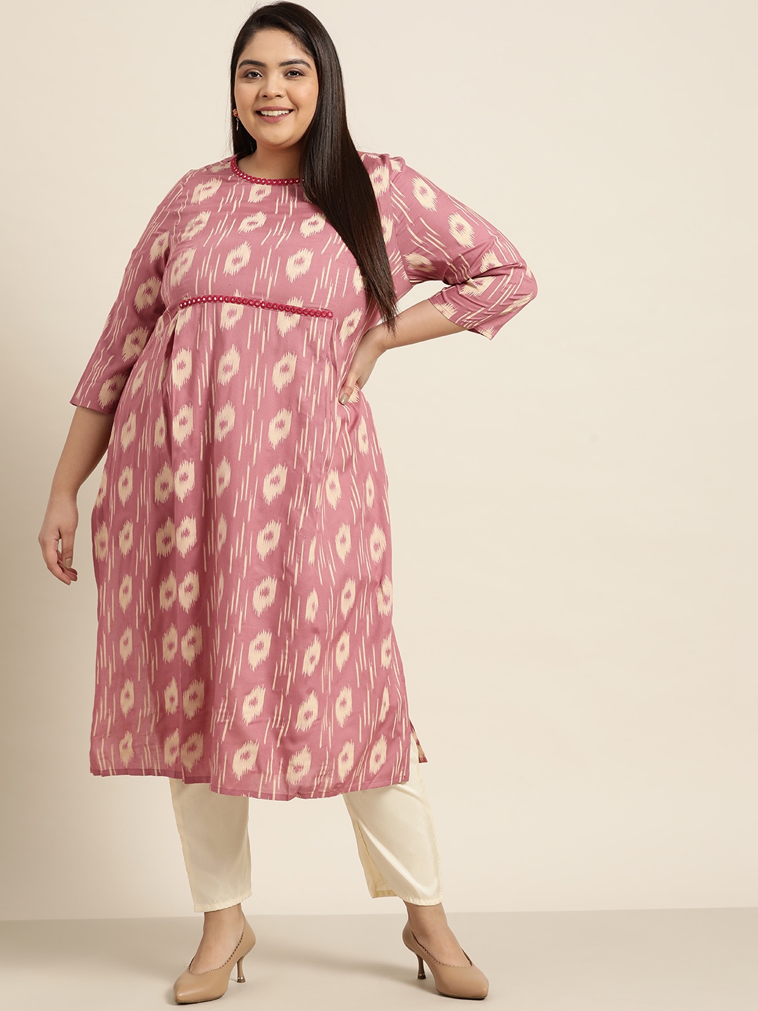 

Sztori Women Pink & Off White Printed Mirror Work Kurta