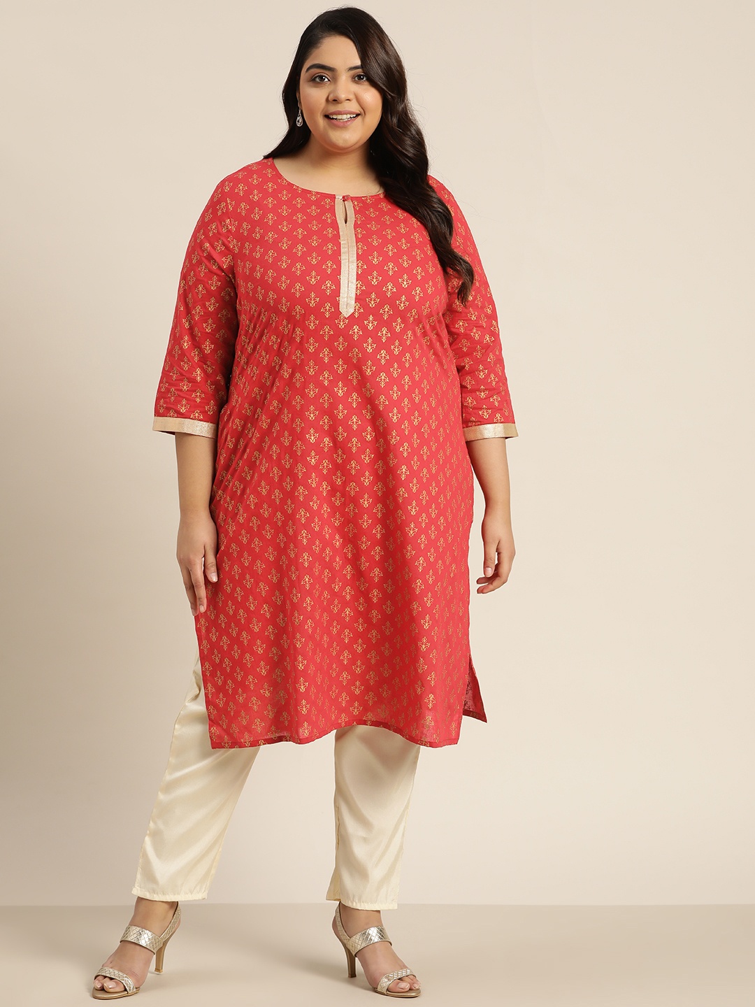 

Sztori Women Plus Size Red & Golden Ethnic Motifs Printed Pure Cotton Kurta