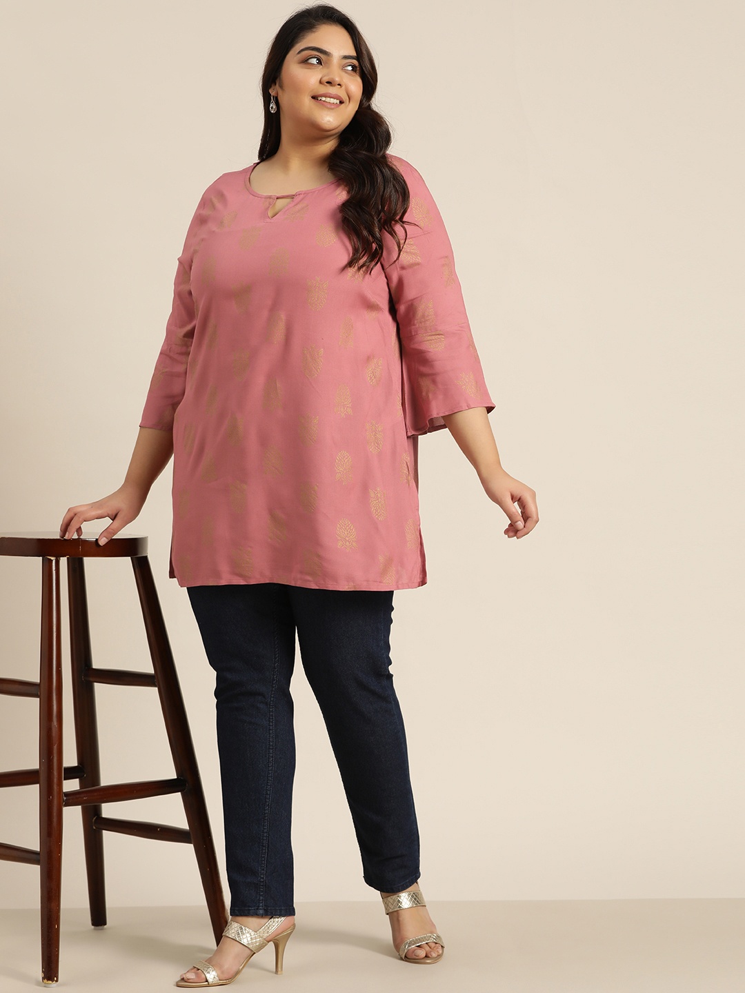 

Sztori Women Dusty Pink & Golden Ethnic Motifs Printed Plus Size Kurti