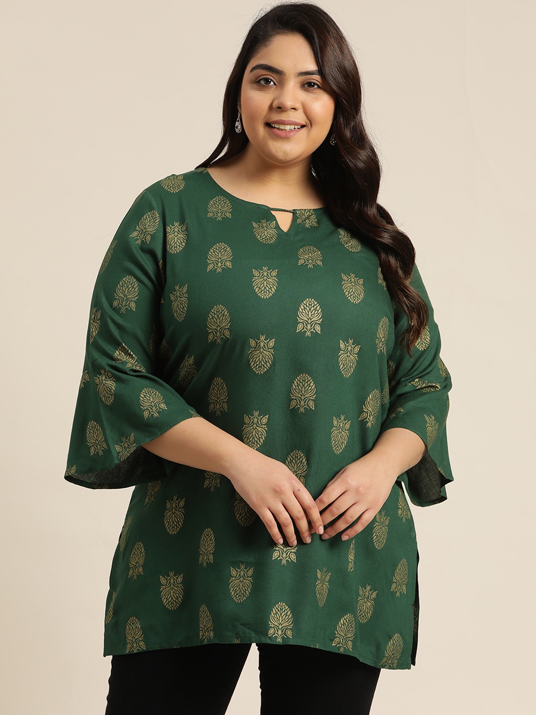 

Sztori Women Green & Golden Ethnic Motifs Printed Plus Size Kurti