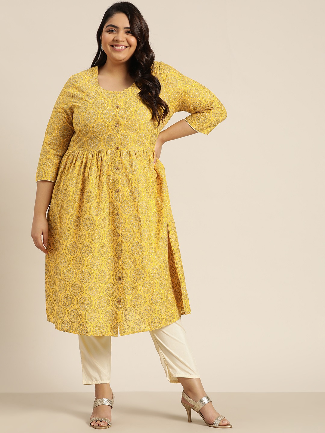 

Sztori Women Plus Size Mustard Yellow Ethnic Motifs Printed A-Line Kurta