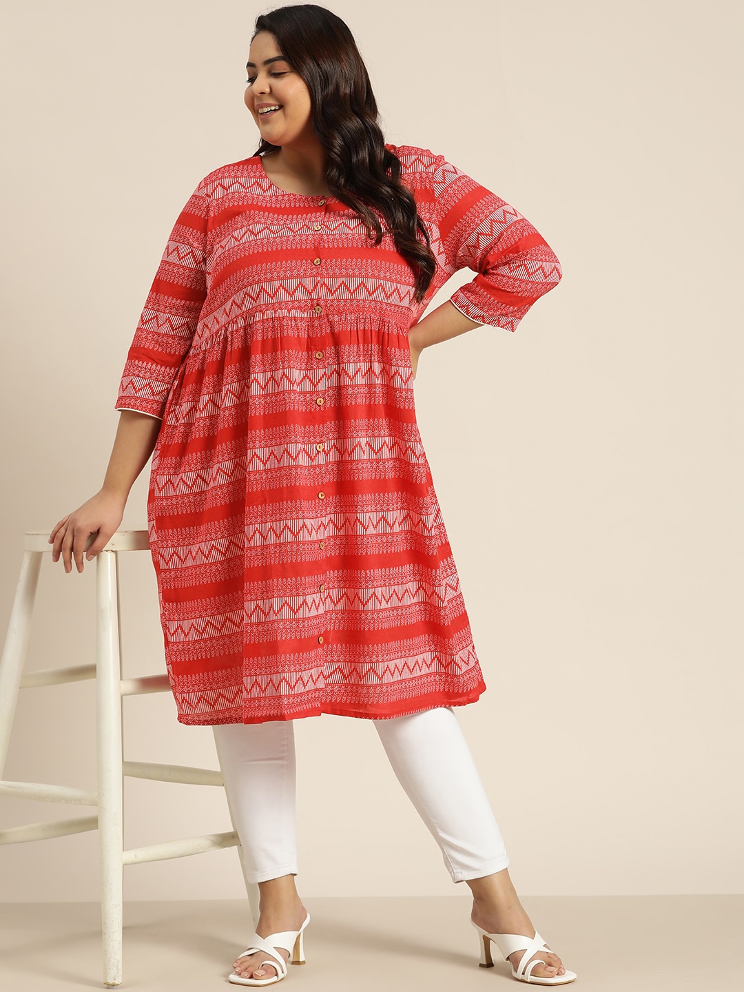

Sztori Women Plus Size Red & White Striped A-Line Kurta with Gathered Detail