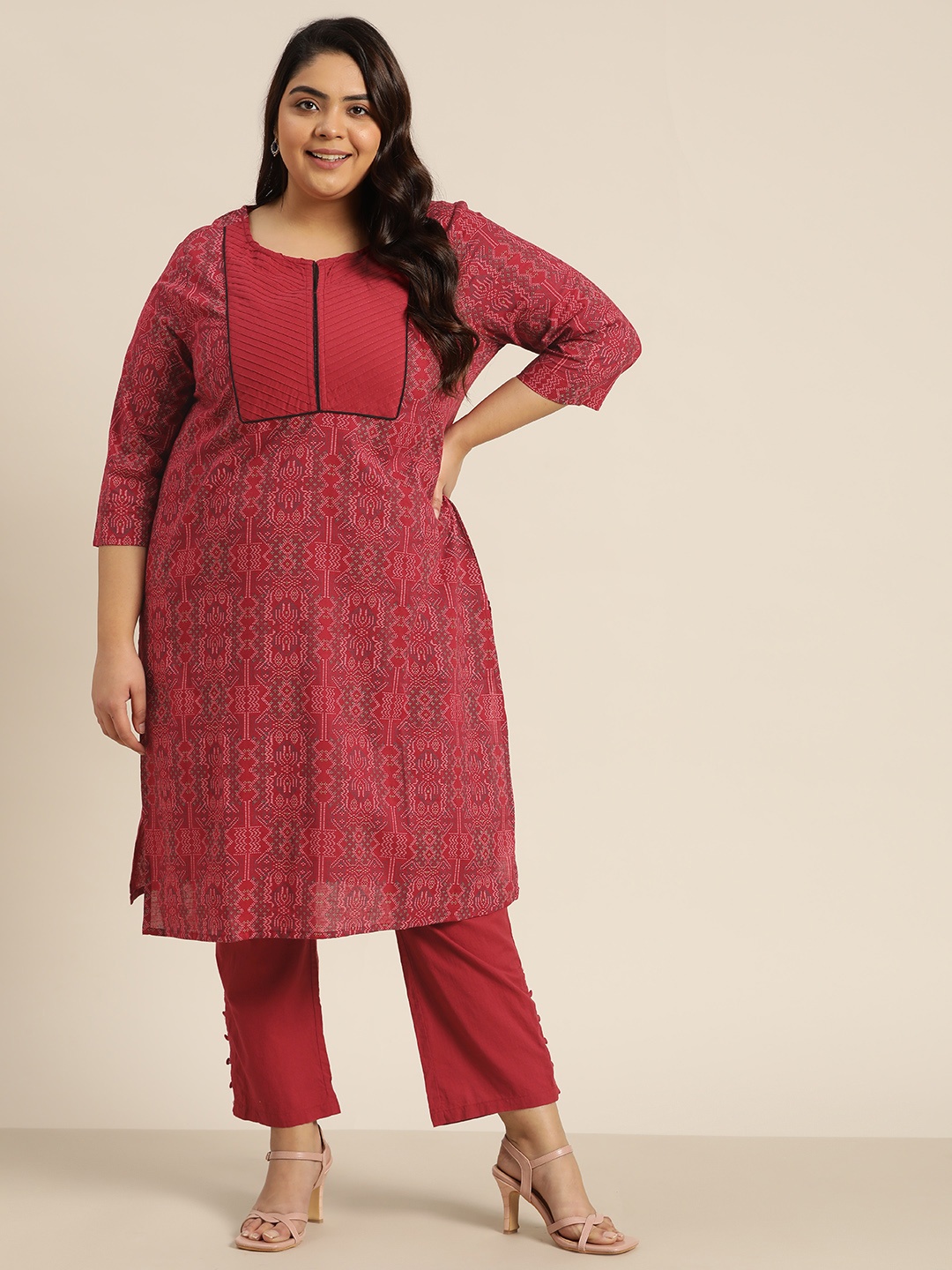 

Sztori Women Plus Size Maroon Pure Cotton Ethnic Motifs Printed Kurta