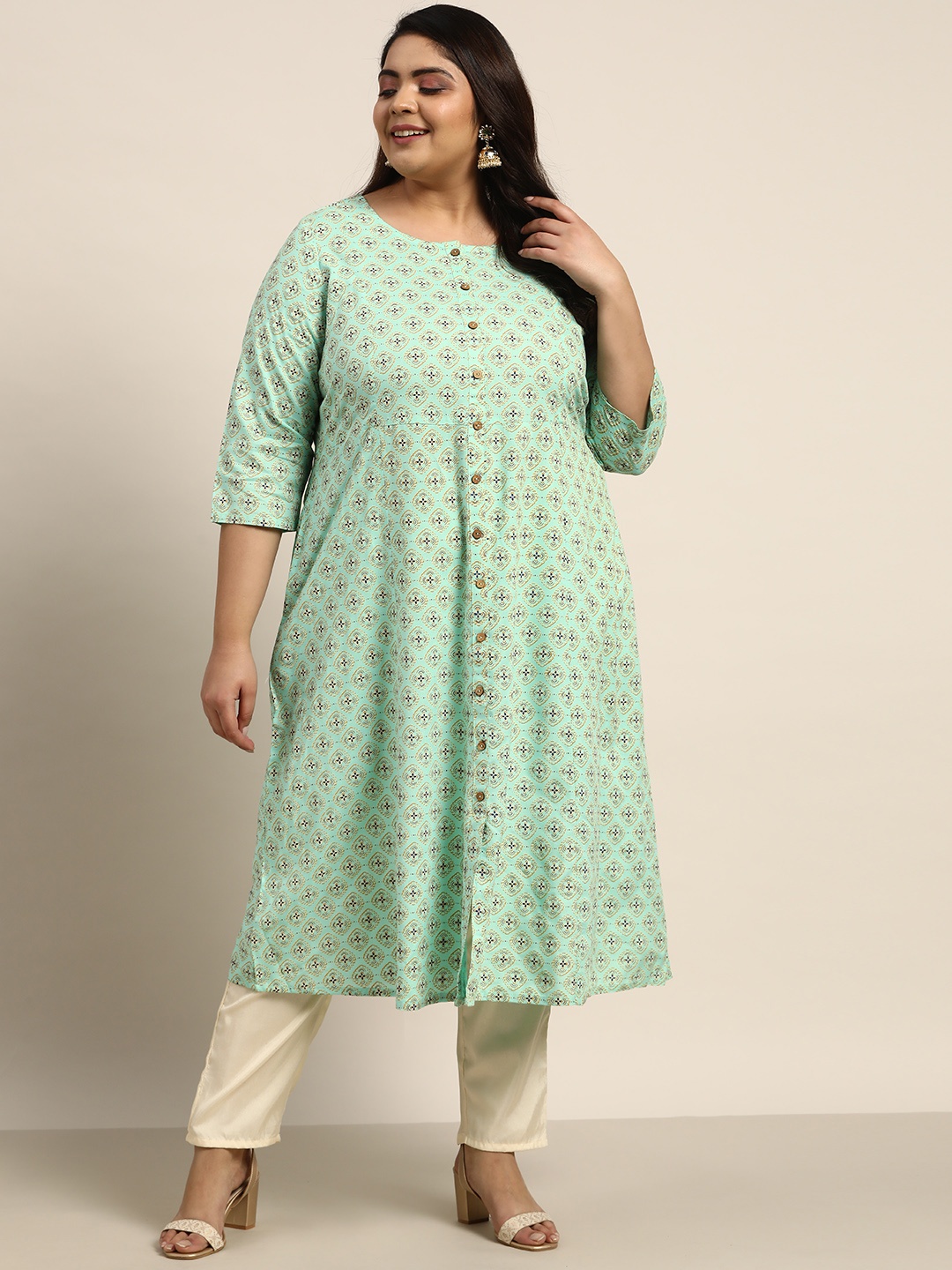 

Sztori Women Plus Size Sea Green & Blue Ethnic Motifs Printed Kurta