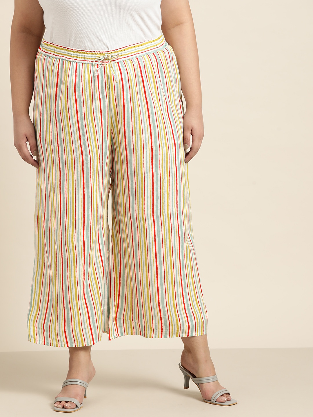 

Sztori Women Plus Size White & Red Striped Culottes Trousers