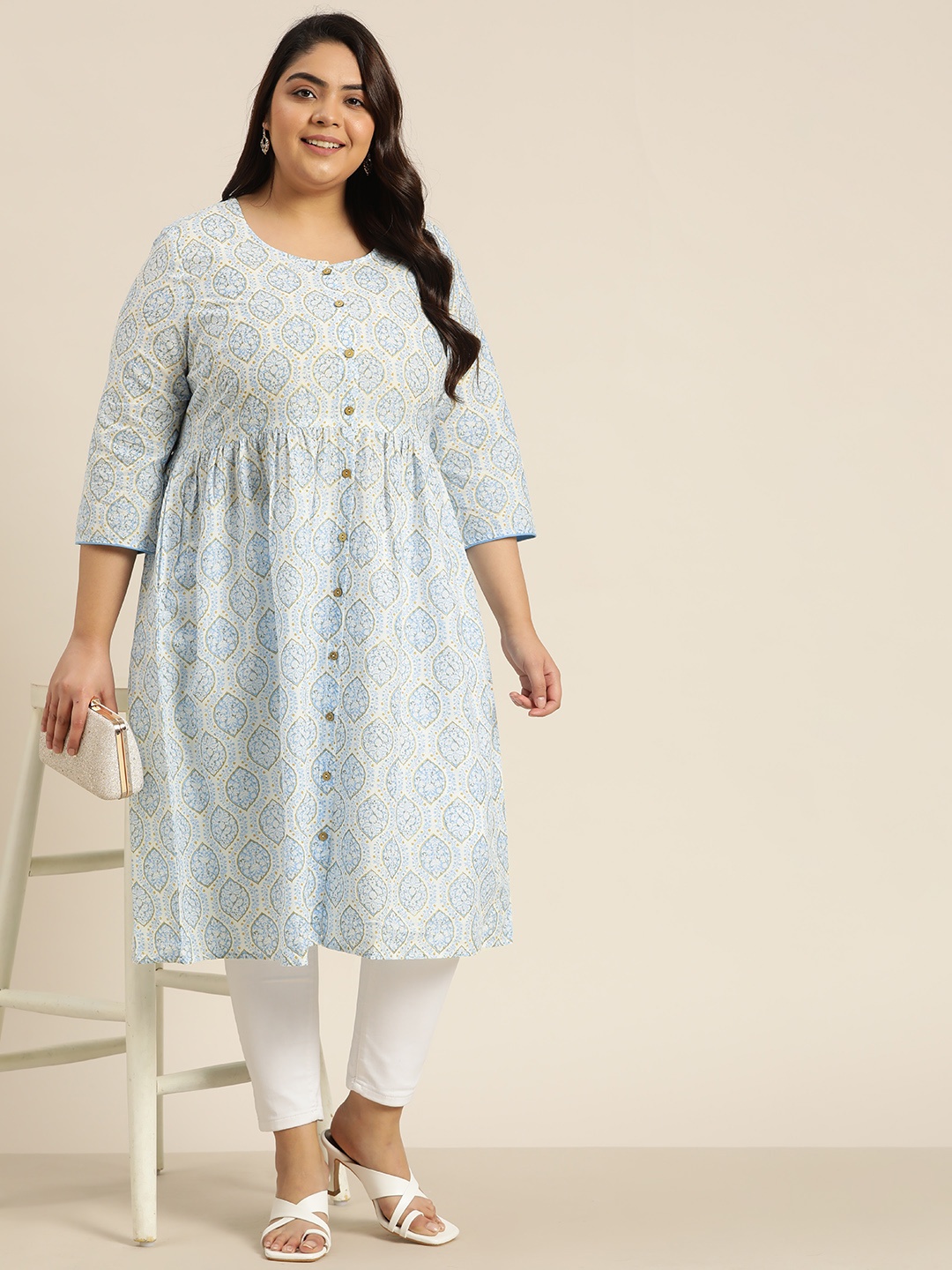 

Sztori Women Plus Size White & Blue Ethnic Motifs Printed Pure Cotton A-Line Kurta