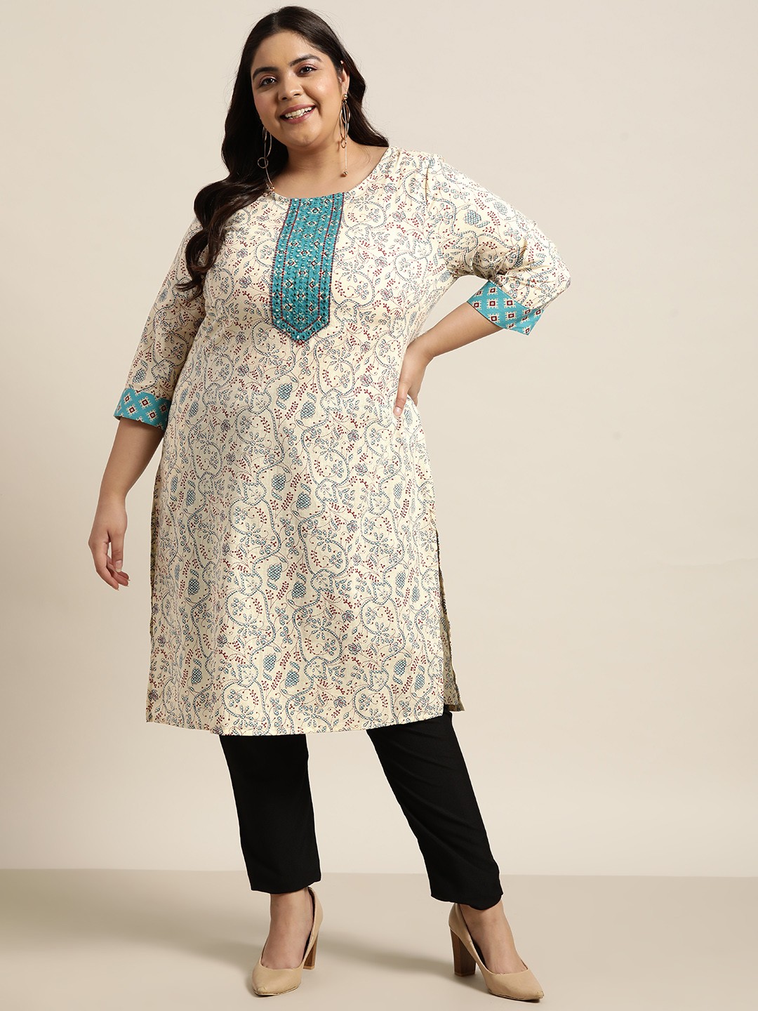 

Sztori Women Plus Size Cream-Coloured & Blue Ethnic Embellished Pure Cotton Kurta