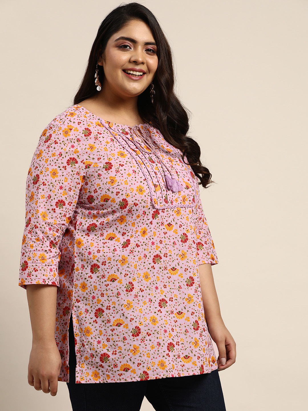 

Sztori Women Plus Size Mauve & Red Ethnic Motifs Printed Pure Cotton Kurti