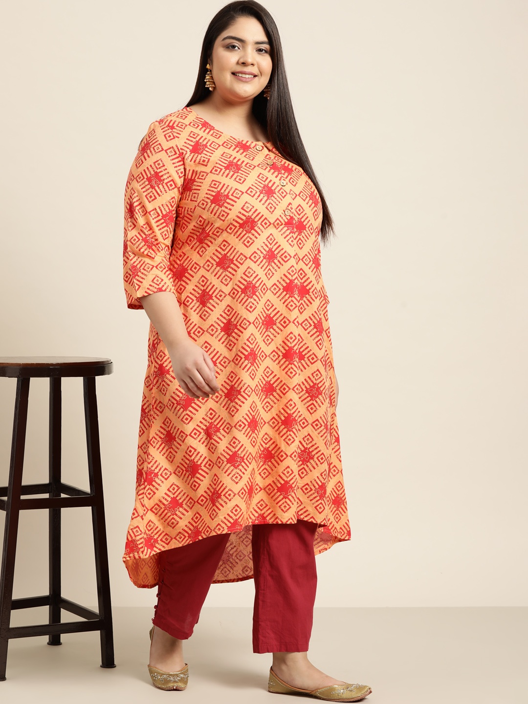 

Sztori Women Plus Size Orange & Red Geometric Printed A-Line Kurta