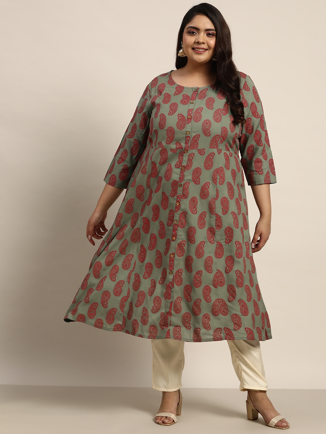 

Sztori Women Plus Size Green & Red Ethnic Motifs Printed Kurta