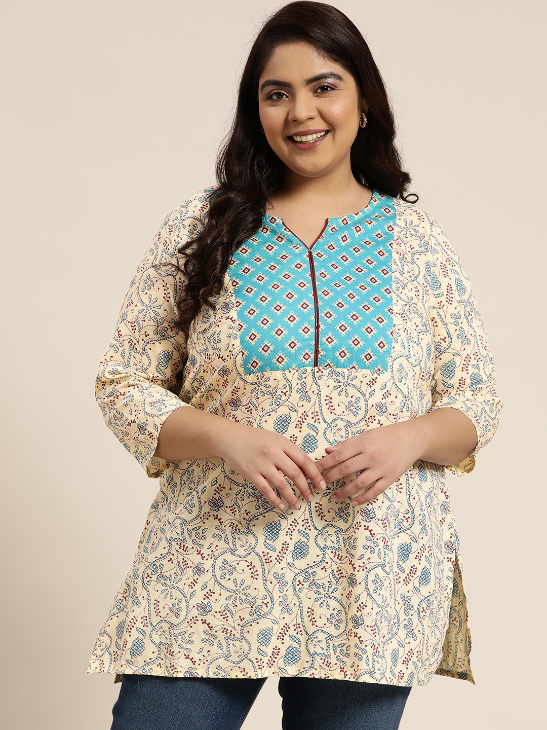 

Sztori Women Plus Size Beige & Blue Pure Cotton Ethnic Motifs Printed Kurti