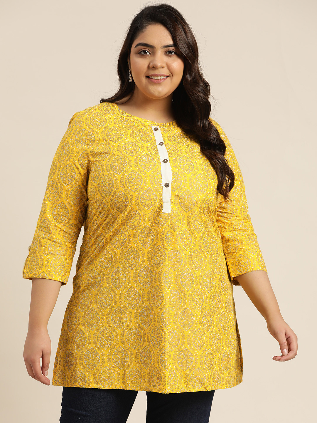 

Sztori Women Mustard Yellow Ethnic Motifs Printed Pure Cotton Plus Size Kurti