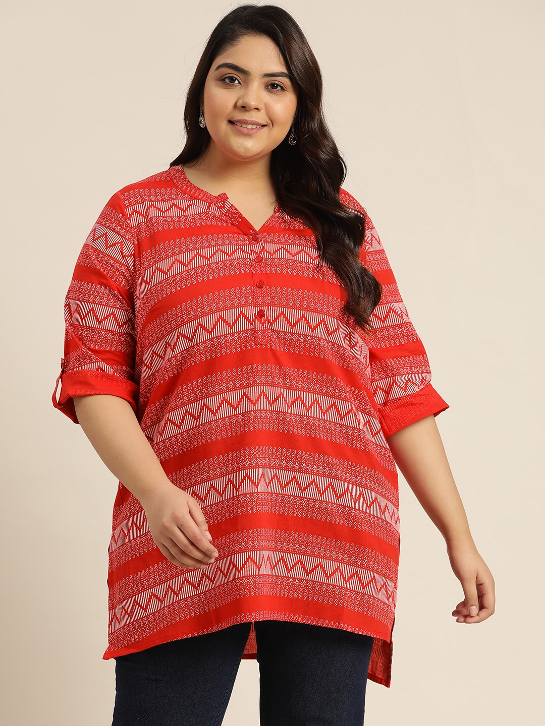 

Sztori Women Red & White Striped Pure Cotton Plus Size Kurti