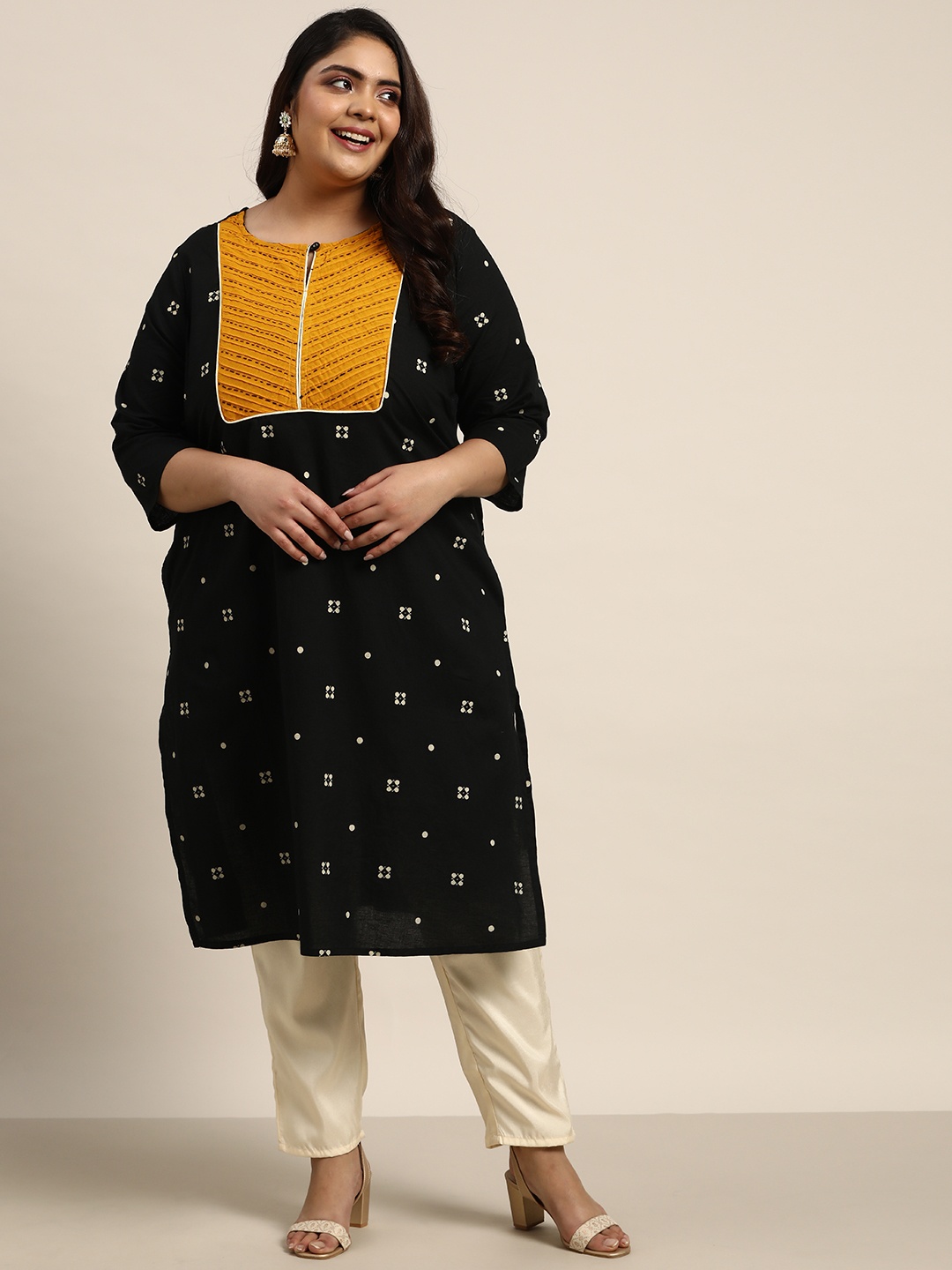 

Sztori Women Plus Size Black & Yellow Printed Keyhole Neck Kurta with Pintuck Yoke