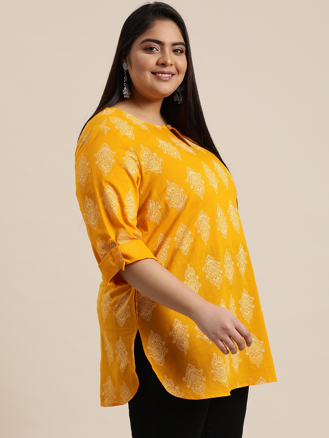 

Sztori Women Plus Size Mustard Yellow Ethnic Motifs Printed Pure Cotton Kurti