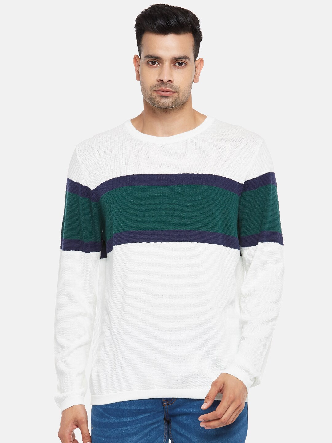 

BYFORD by Pantaloons Men White & Green Striped Pure Cotton Pullover