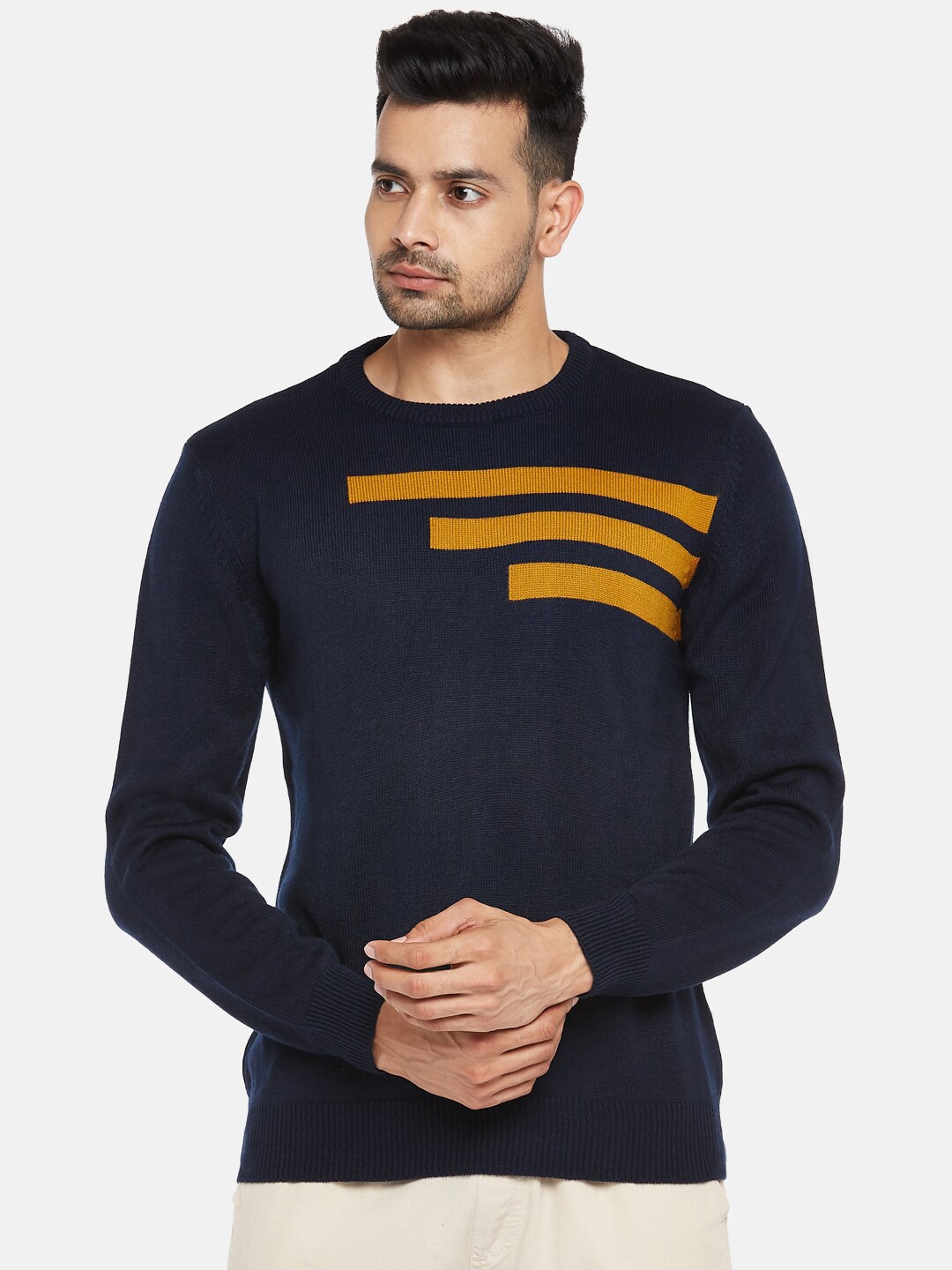 

BYFORD by Pantaloons Men Navy Blue & Yellow Striped Acrylic Pullover