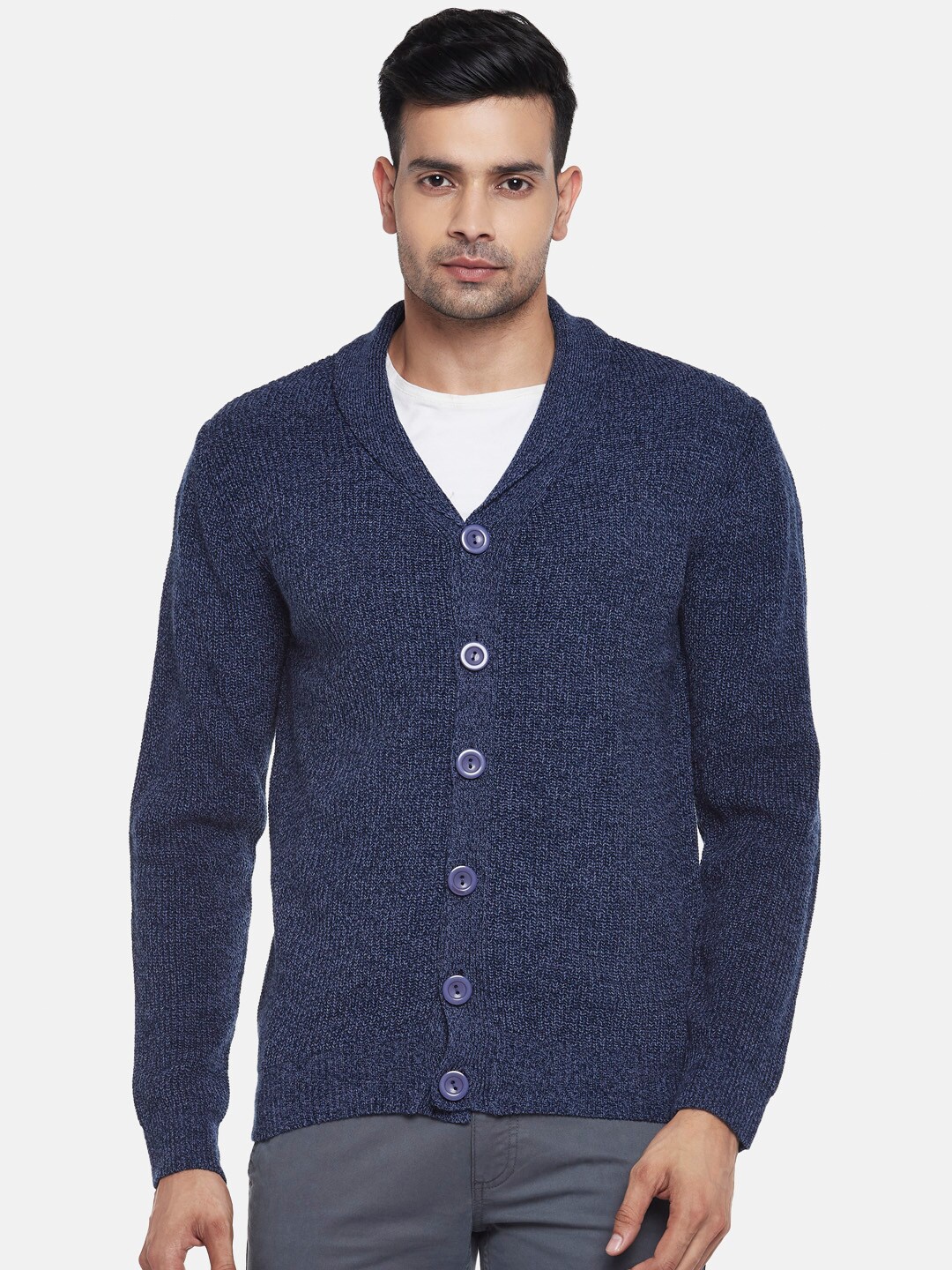 

BYFORD by Pantaloons Men Navy Blue Self Design Cardigan Acrylic Sweater
