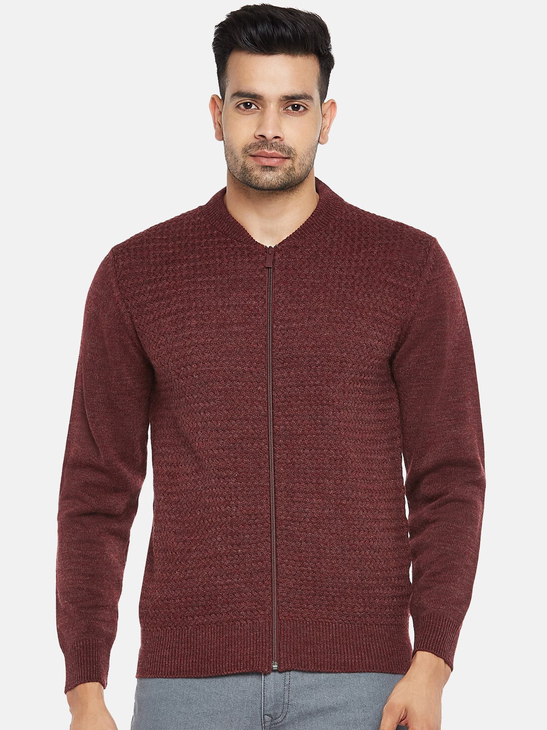 

BYFORD by Pantaloons Men Maroon Cable Knit Cardigan