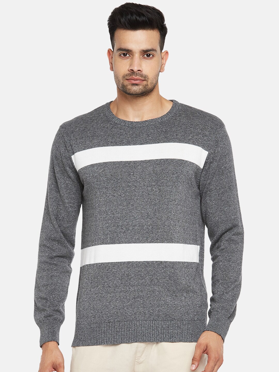 

BYFORD by Pantaloons Men Grey Melange & White Striped Pure Cotton Pullover