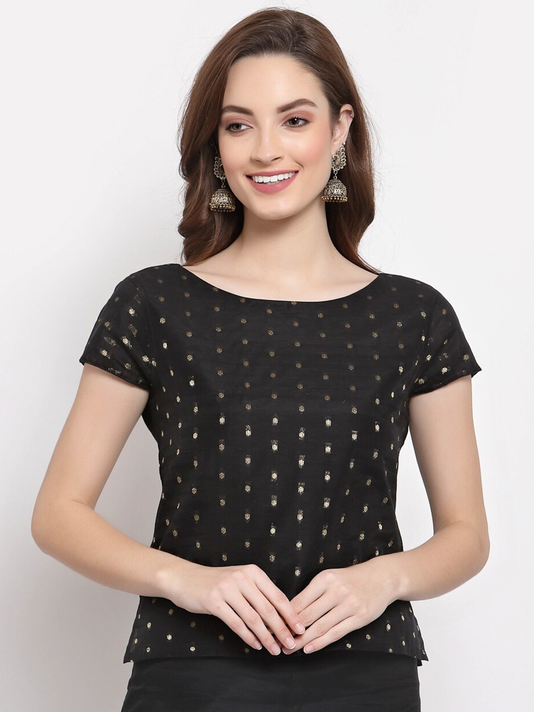 

Desi Weavess Black Embellished Extended Sleeves Regular Top