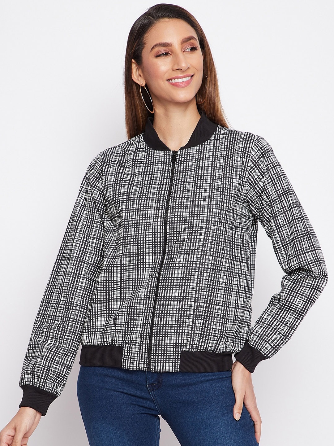 

sandy AND ritz Women Black & White Checked Lightweight Cotton Bomber Jacket