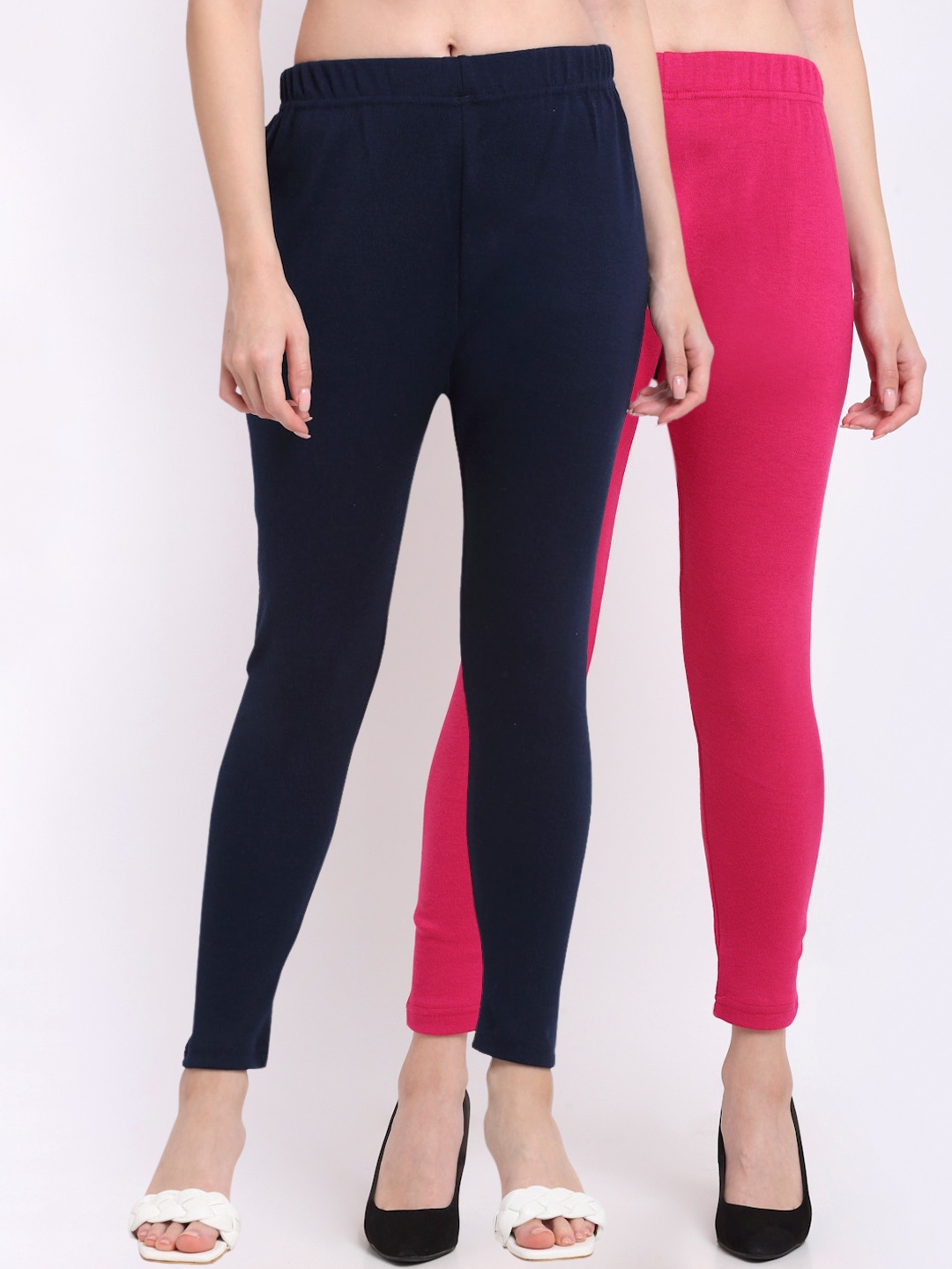 

TAG 7 Women Pack Of 2 Navy Blue & Pink Solid Ankle-Length Leggings
