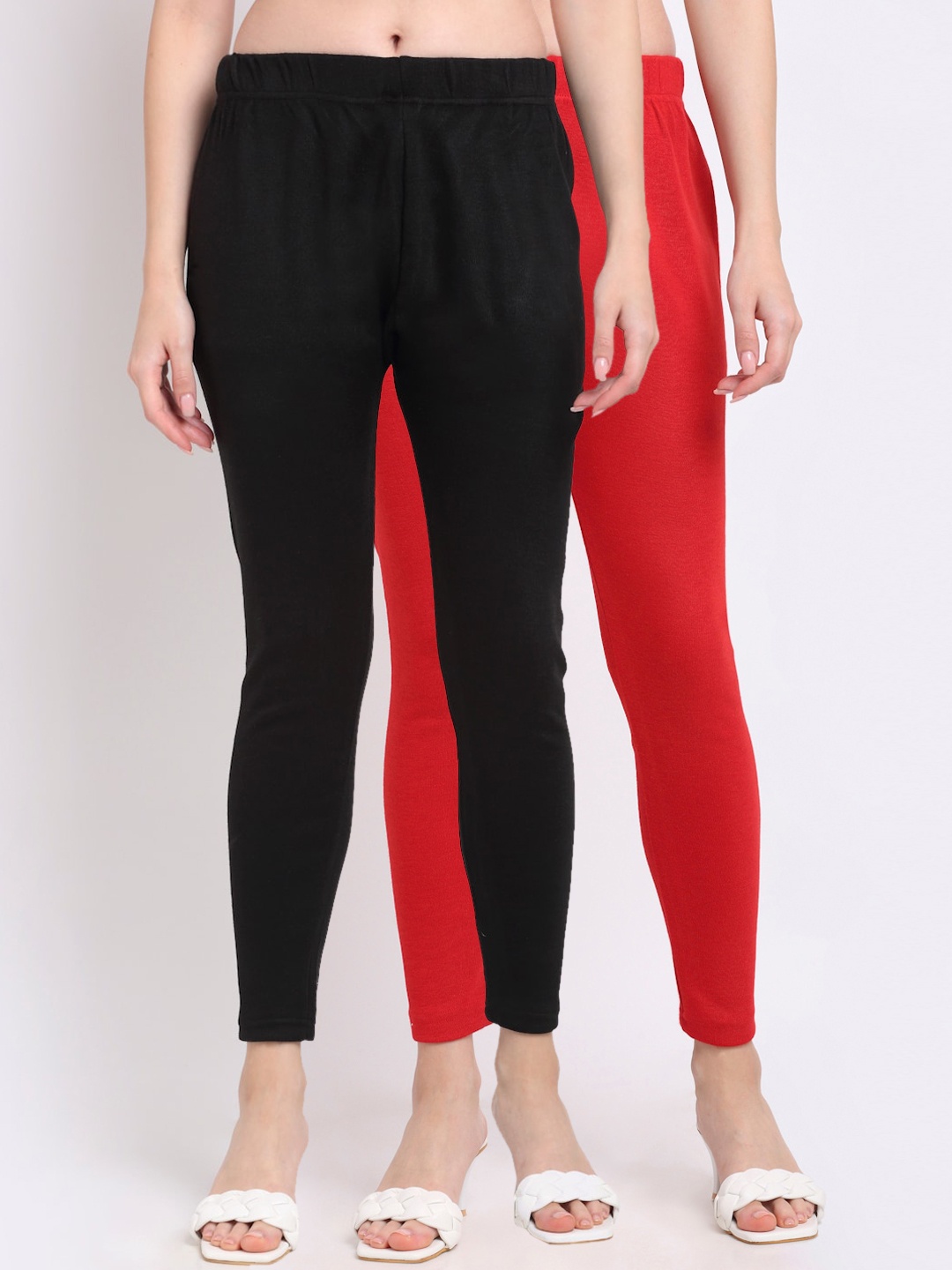 

TAG 7 Women Pack Of 2 Black & Red Solid Ankle-Length Leggings
