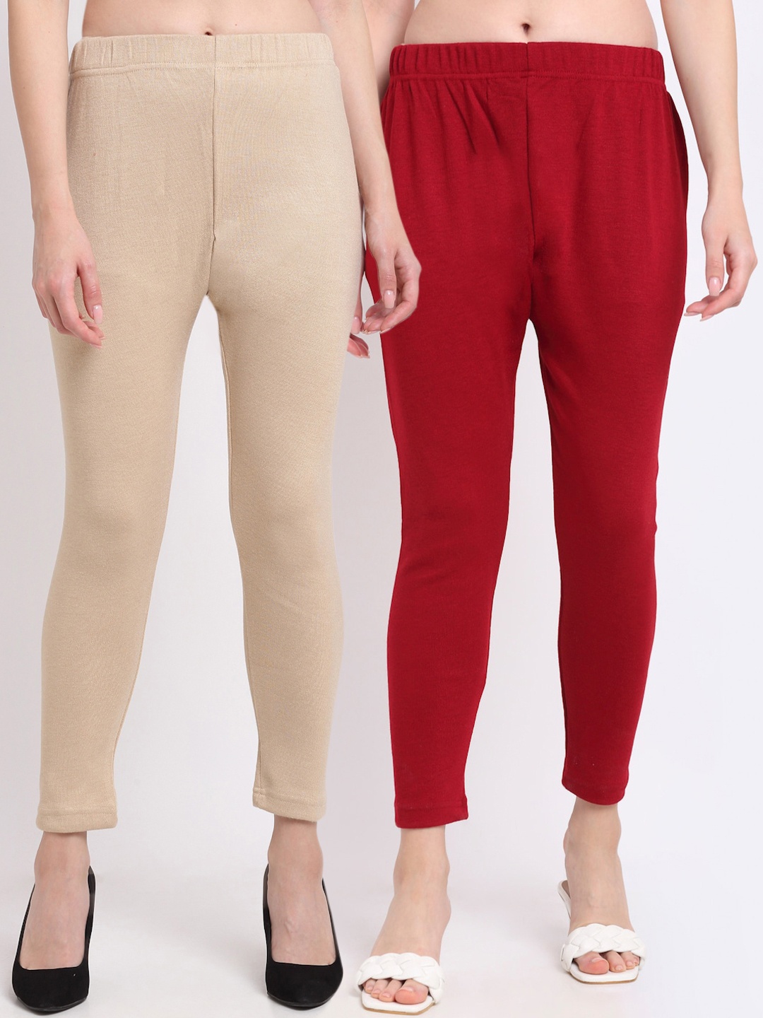 

TAG 7 Women Pack Of 2 Maroon & Cream Ankle-Length Leggings