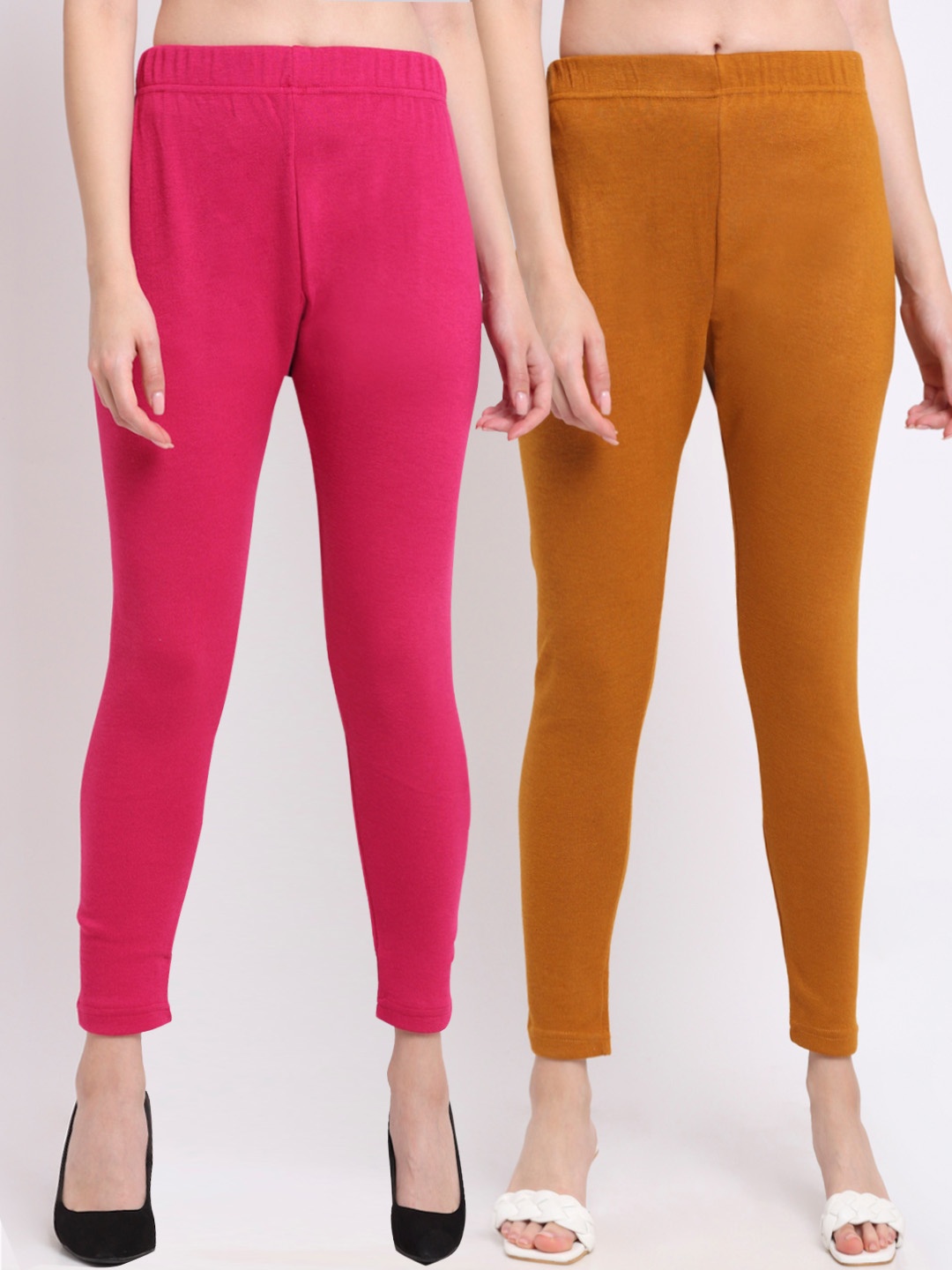 

TAG 7 Women Pack Of 2 Mustard & Pink Solid Ankle-Length Leggings