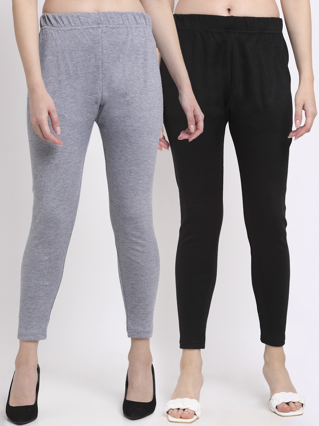 

TAG 7 Women Pack Of 2 Solid Woollen Ankle Length Leggings, Black