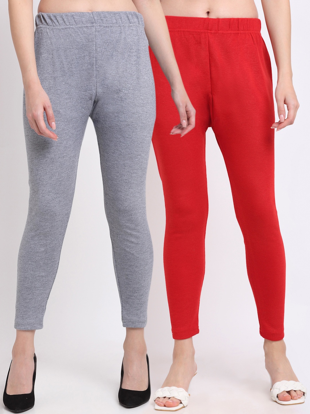 

TAG 7 Women Pack Of 2 Red & Grey Solid Woolen Ankle-Length Leggings