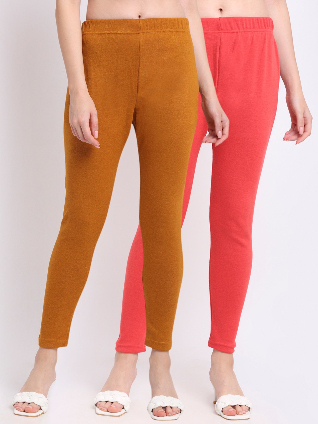 

TAG 7 Women Peach & Mustard Pack Of 2 Solid Ankle-Length Leggings