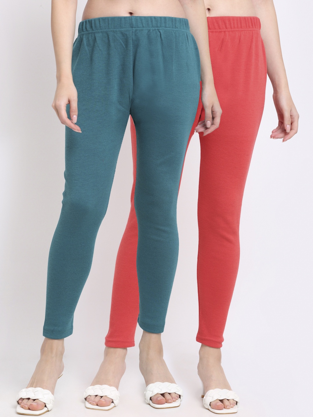 

TAG 7 Women Pack Of 2 Peach & Teal Solid Ankle-Length Leggings