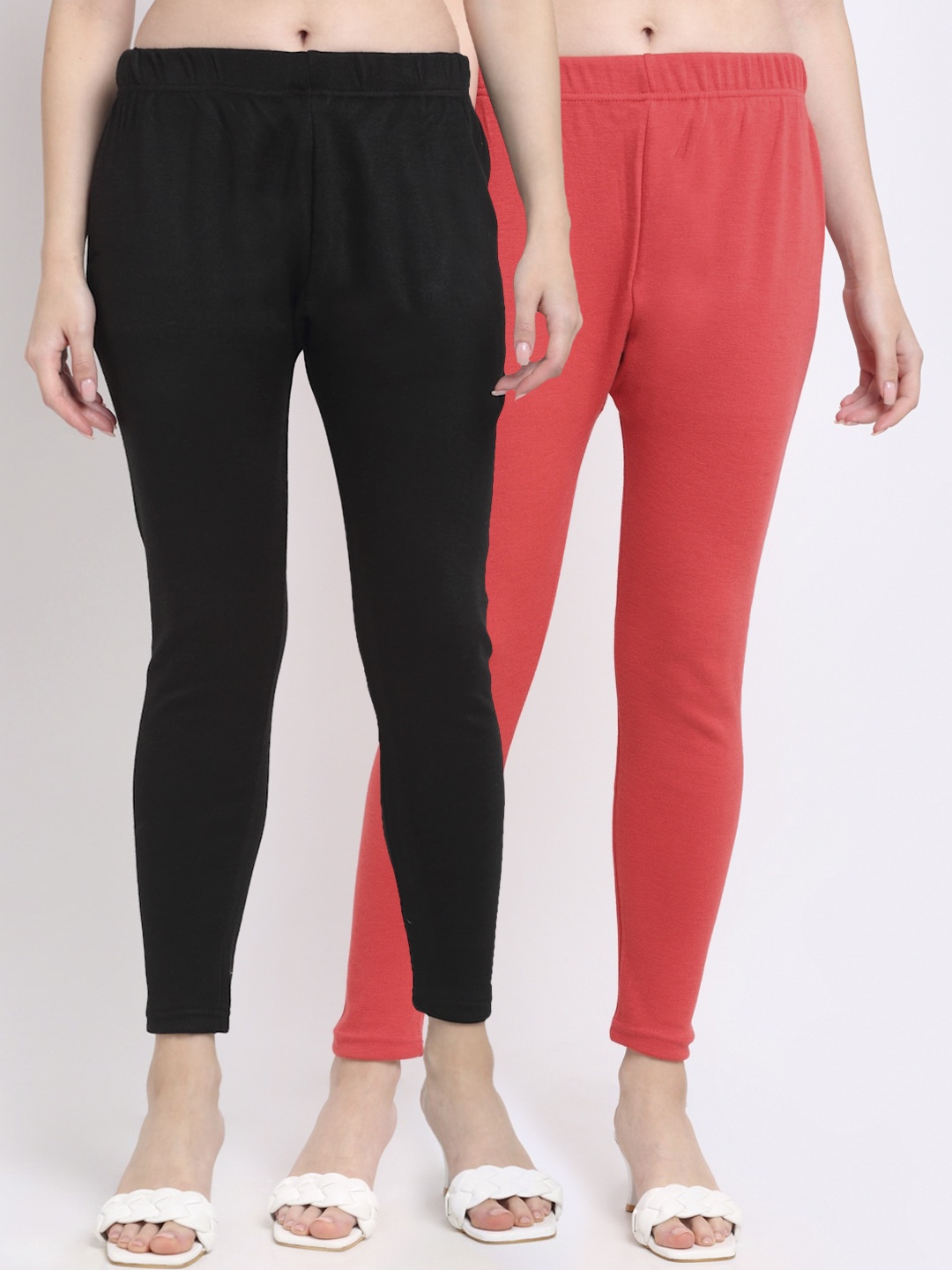

TAG 7 Women Pack Of 2 Peach & Black Solid Ankle-Length Leggings