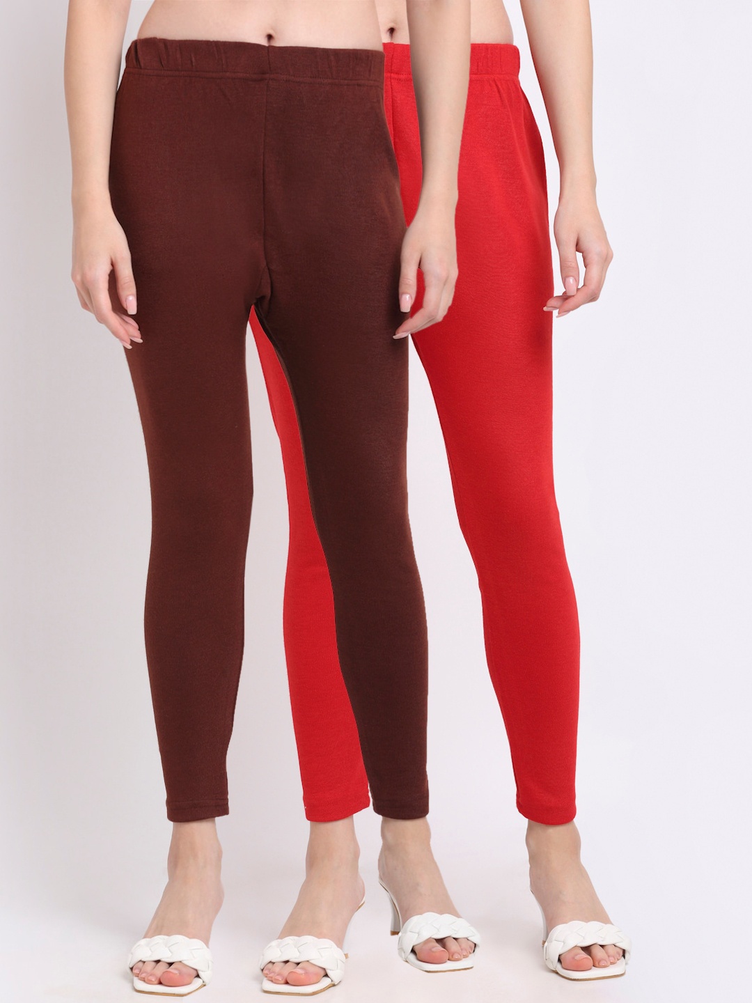 

TAG 7 Women Pack Of 2 Red & Burgundy Solid Woolen Ankle Length Leggings