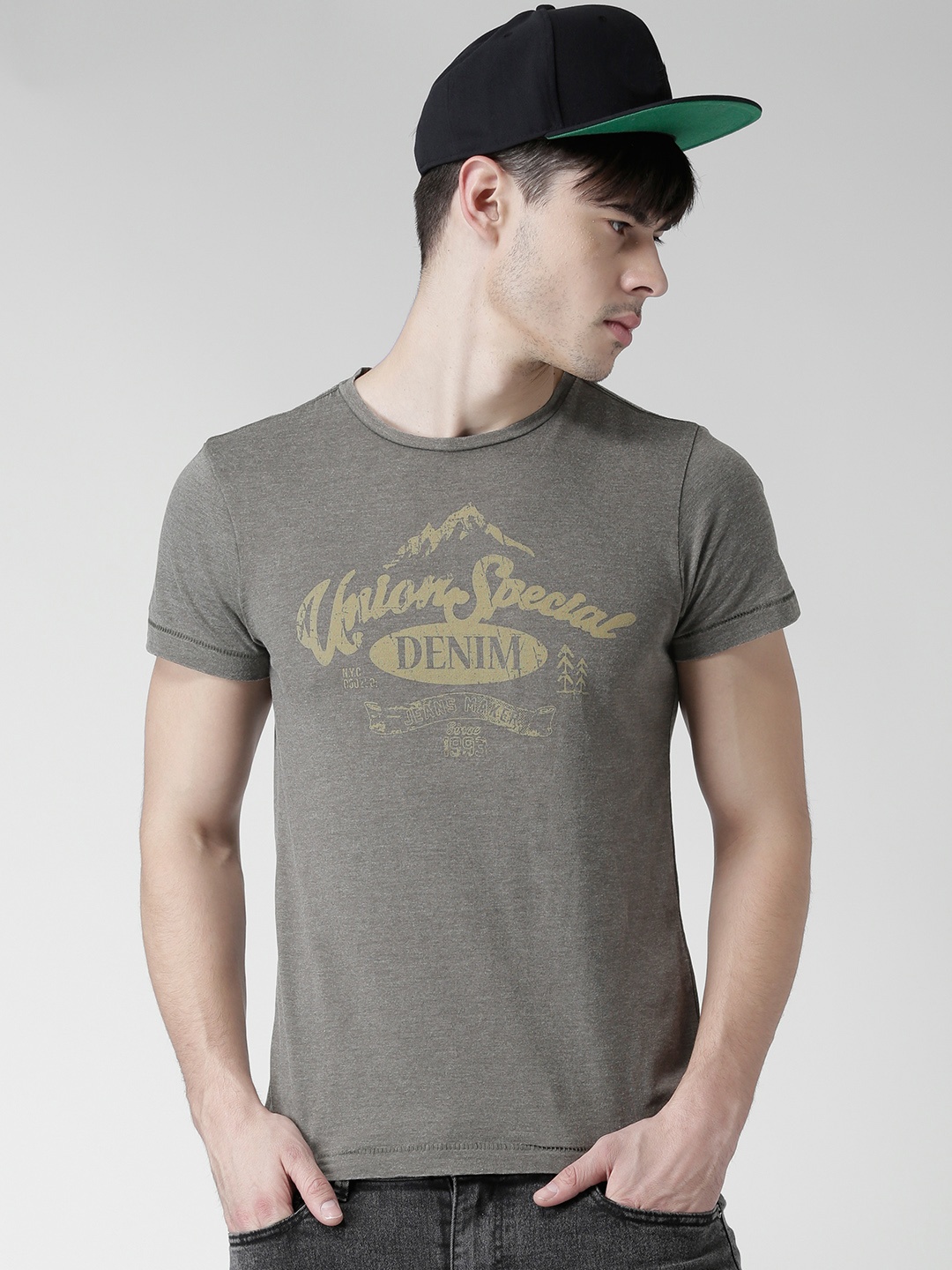 

BLEND Men Grey Melange Printed Round Neck T-shirt