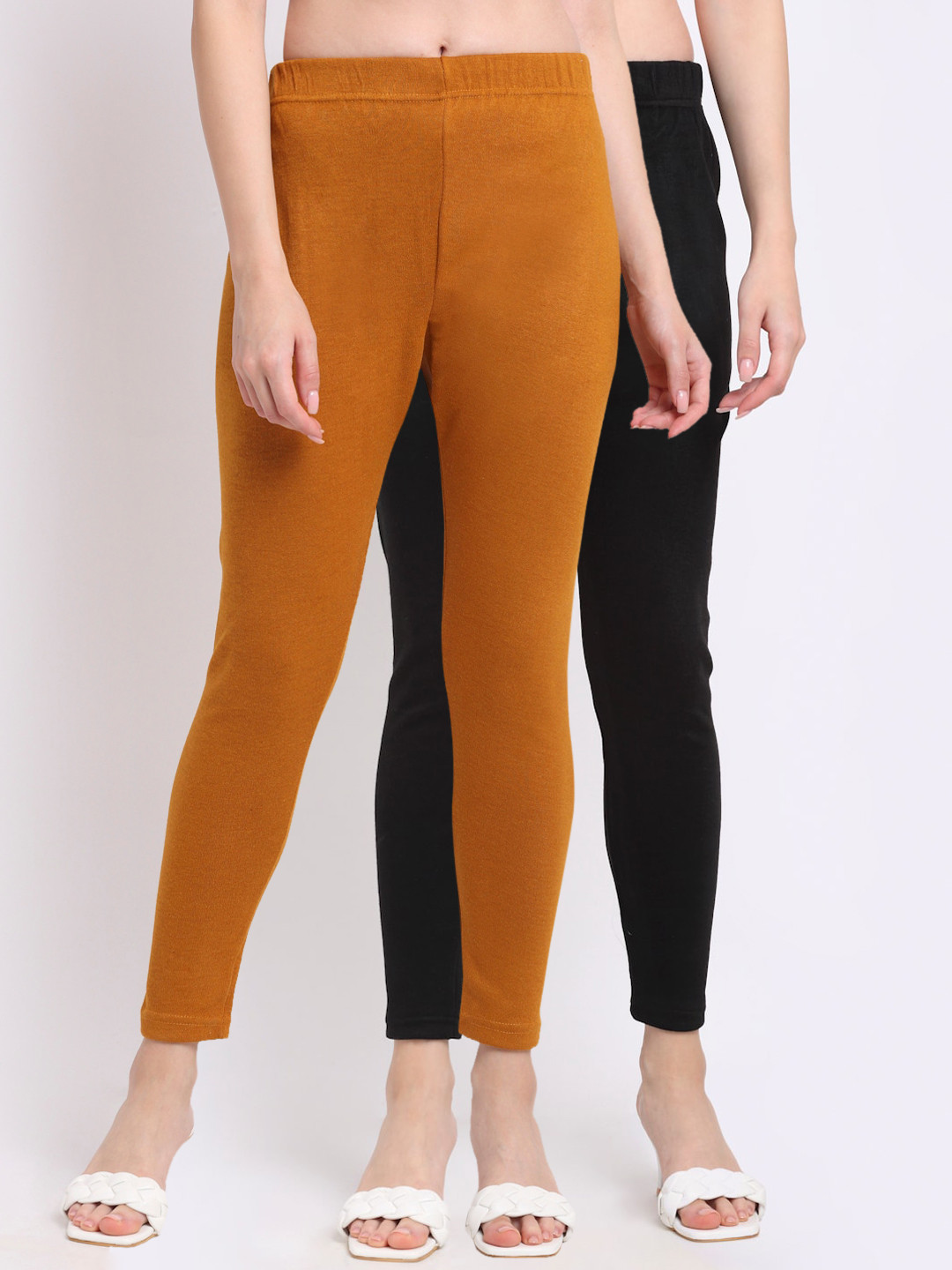 

TAG 7 Women Pack Of 2 Black & Mustard Solid Ankle-Length Leggings